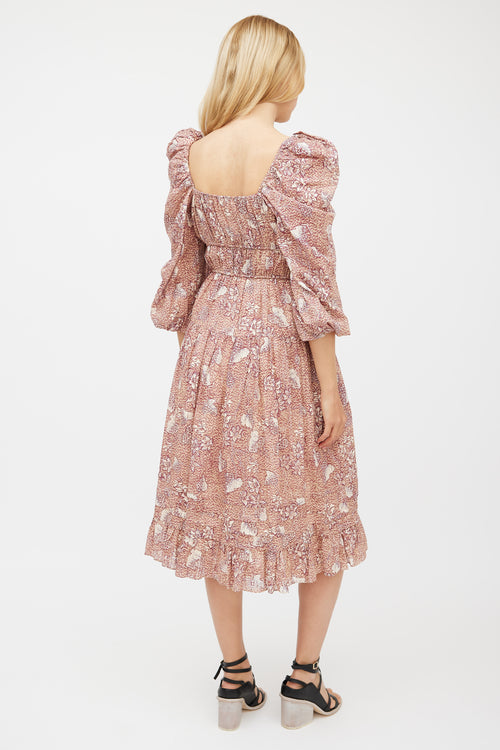 Ulla Johnson Beige & Burgundy Floral Tiered Dress