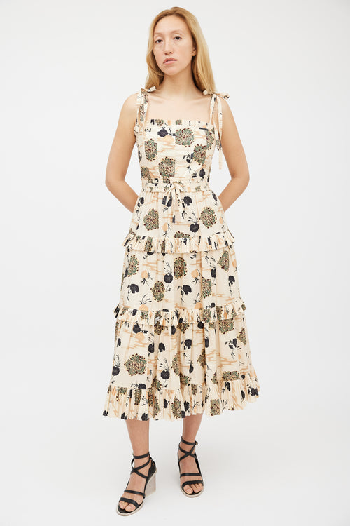 Ulla Johnson Beige & Multicolour Floral Pleated Tiered Dress