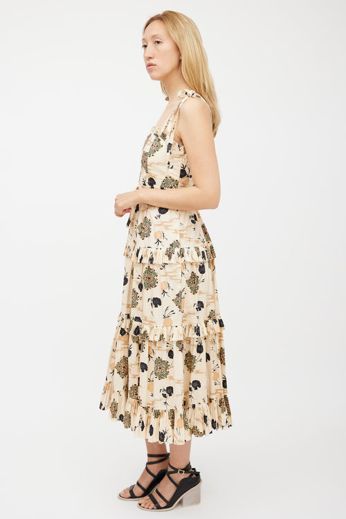 Ulla Johnson Beige & Multicolour Floral Pleated Tiered Dress