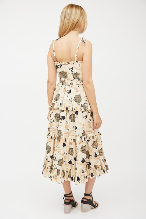 Ulla Johnson Beige & Multicolour Floral Pleated Tiered Dress