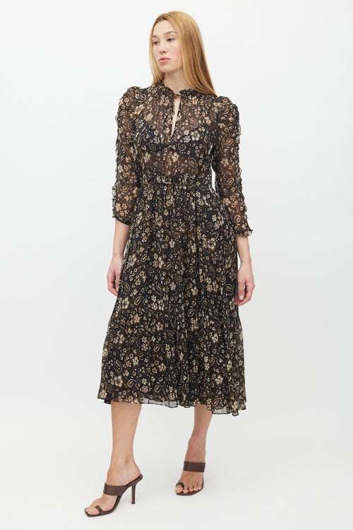 Ulla Johnson Black & Brown Floral Ruffled Dress