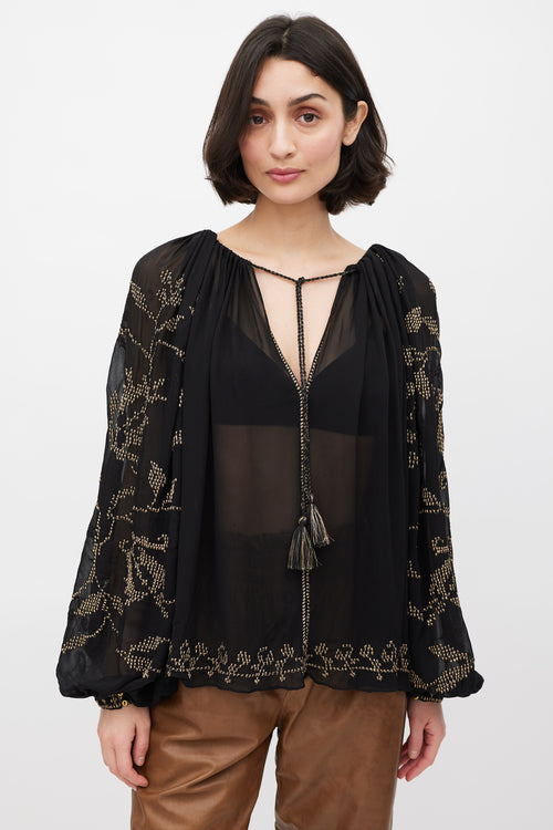 Ulla Johnson Black & Gold Embroirdered Sheer Top