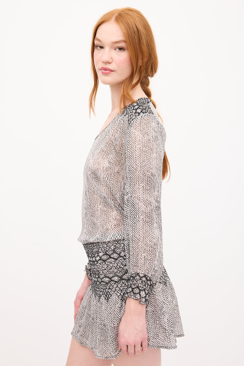 Ulla Johnson Black & White Silk Printed Smocked Dress