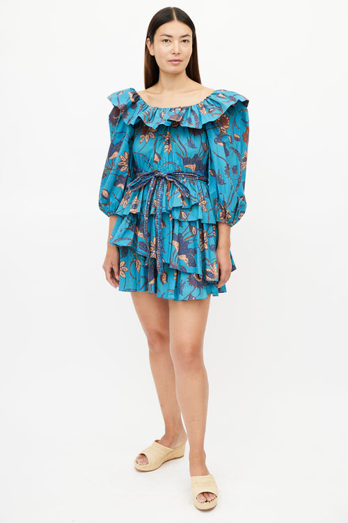 Ulla Johnson Blue & Multicolour Ruffled Belted Dress