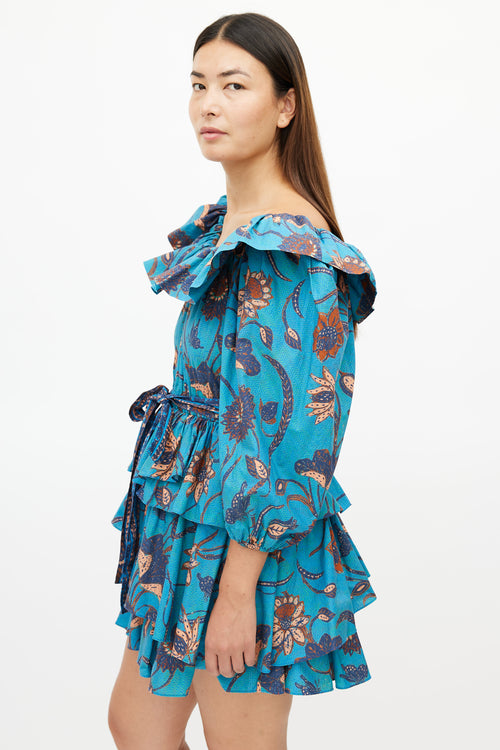 Ulla Johnson Blue & Multicolour Ruffled Belted Dress