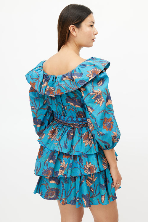 Ulla Johnson Blue & Multicolour Ruffled Belted Dress