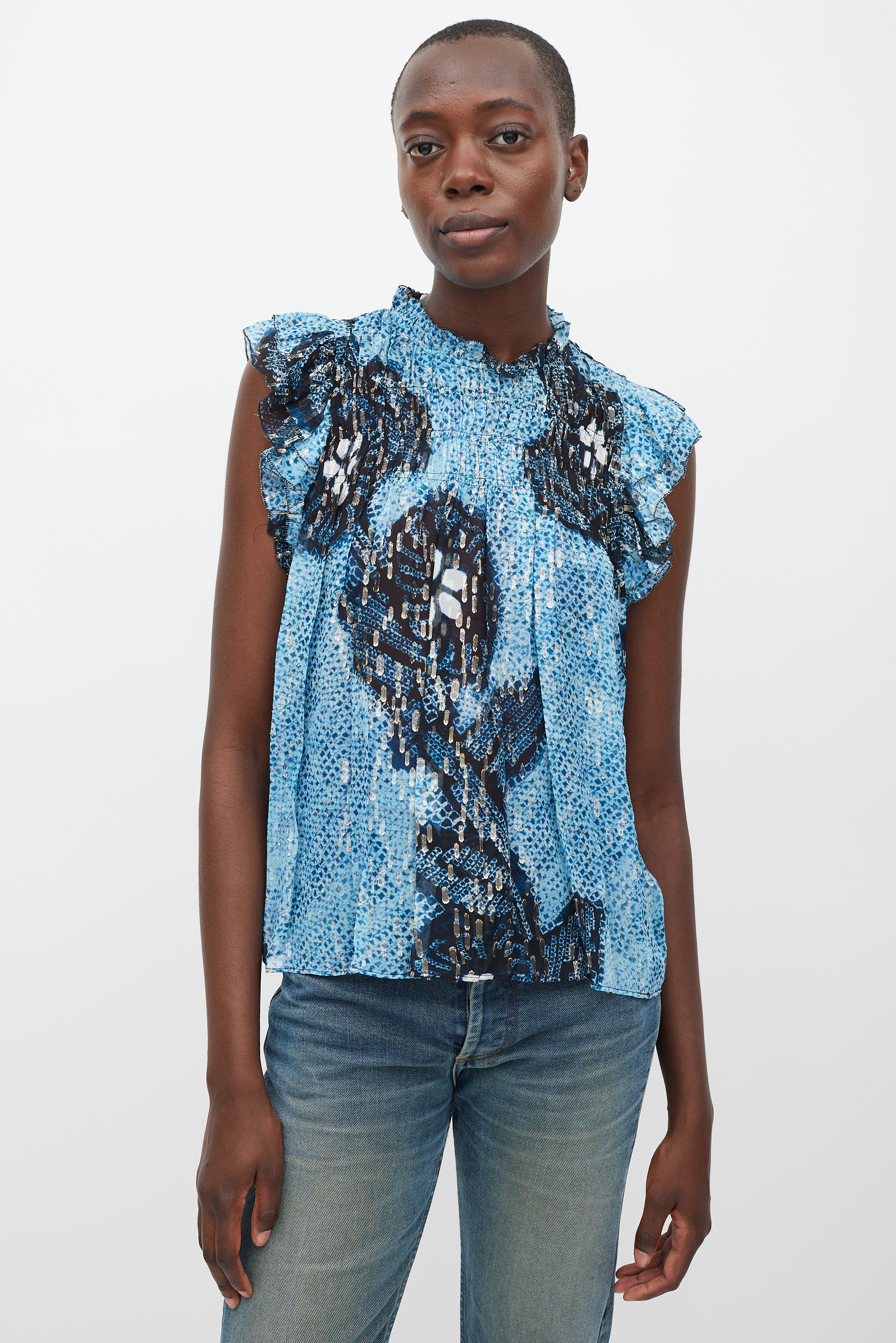 Ulla Johnson Blue & Black Silk Printed Aya Top