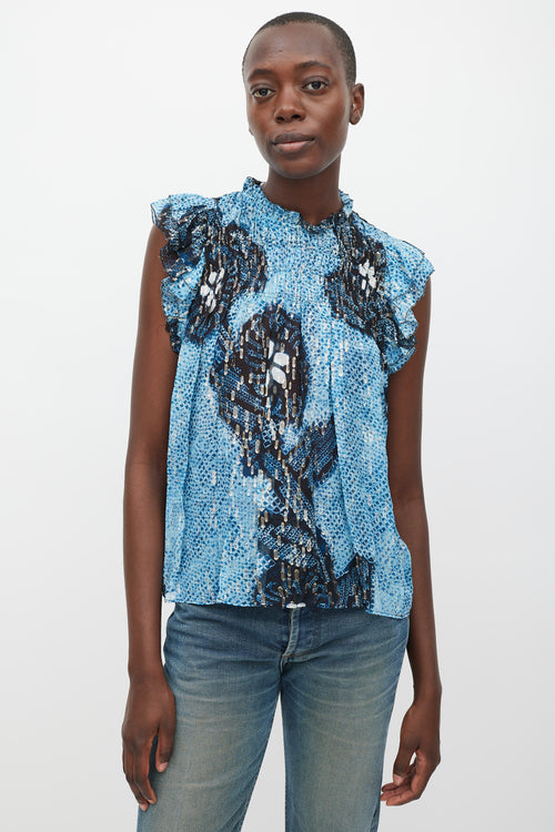 Ulla Johnson Blue & Black Silk Printed Aya Top