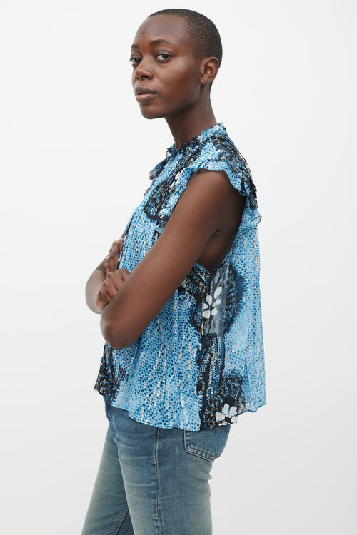 Ulla Johnson Blue & Black Silk Printed Aya Top