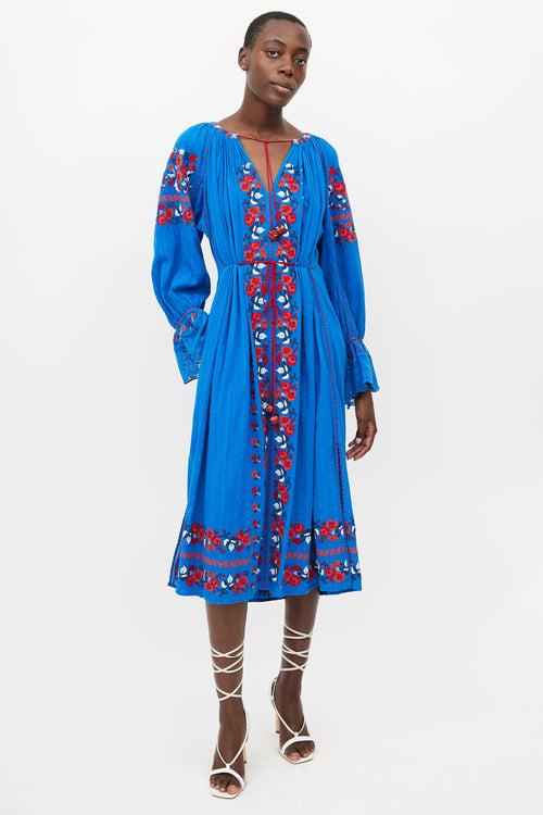 Ulla Johnson Blue & Red Floral Embroidered Dress