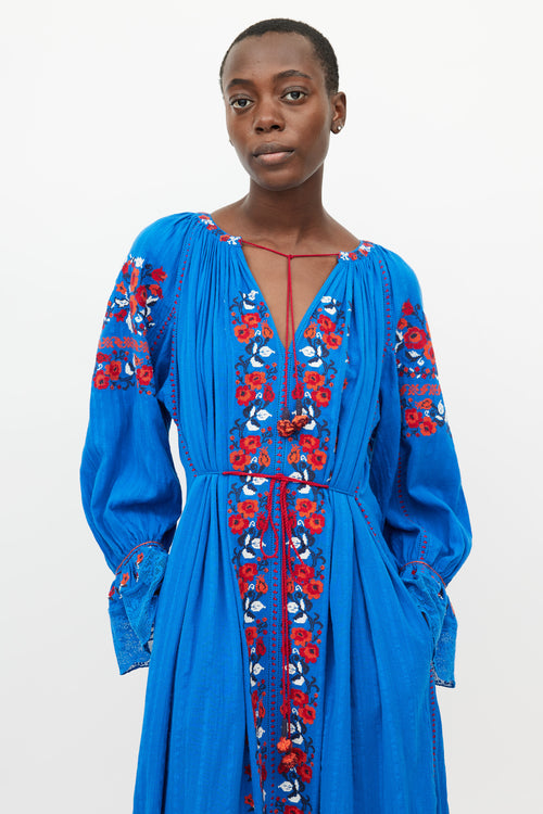 Ulla Johnson Blue & Red Floral Embroidered Dress