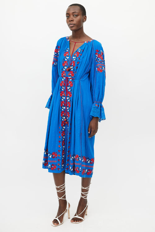 Ulla Johnson Blue & Red Floral Embroidered Dress