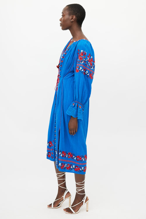 Ulla Johnson Blue & Red Floral Embroidered Dress