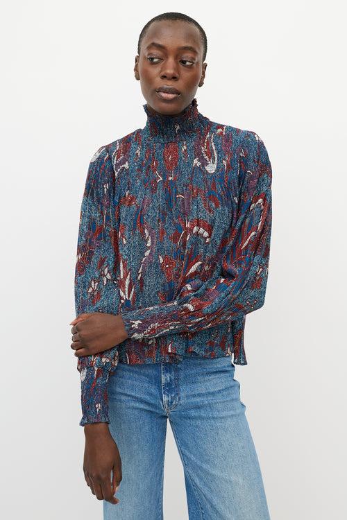 Ulla Johnson Blue & Red Printed Sheer Turtleneck Blouse