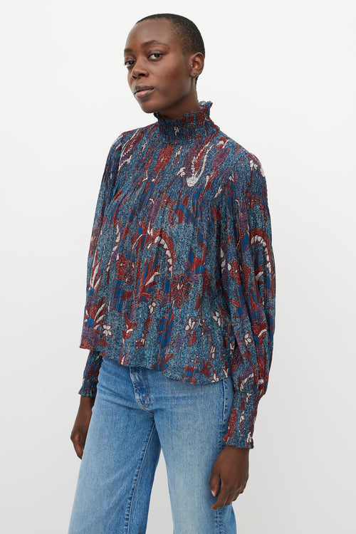 Ulla Johnson Blue & Red Printed Sheer Turtleneck Blouse