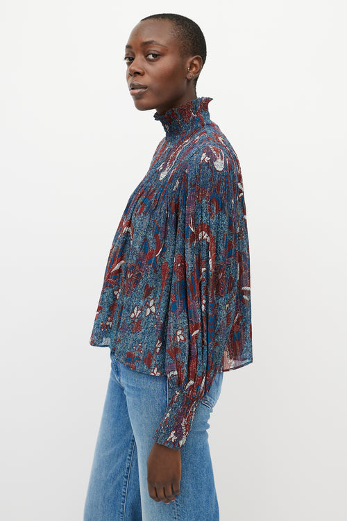 Ulla Johnson Blue & Red Printed Sheer Turtleneck Blouse