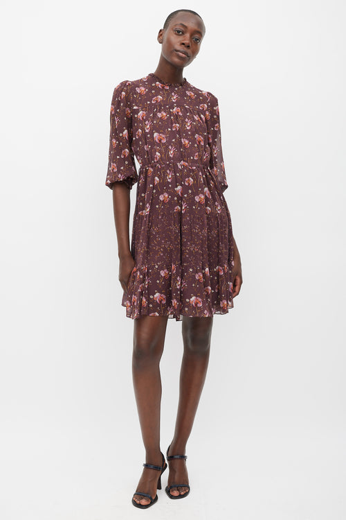 Ulla Johnson Burgundy & Multicolur Silk Floral Tiered Dress