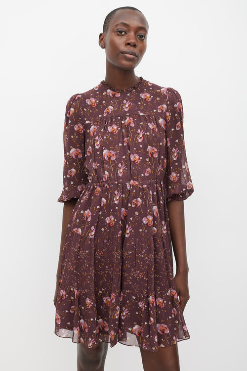 Ulla Johnson Burgundy & Multicolur Silk Floral Tiered Dress