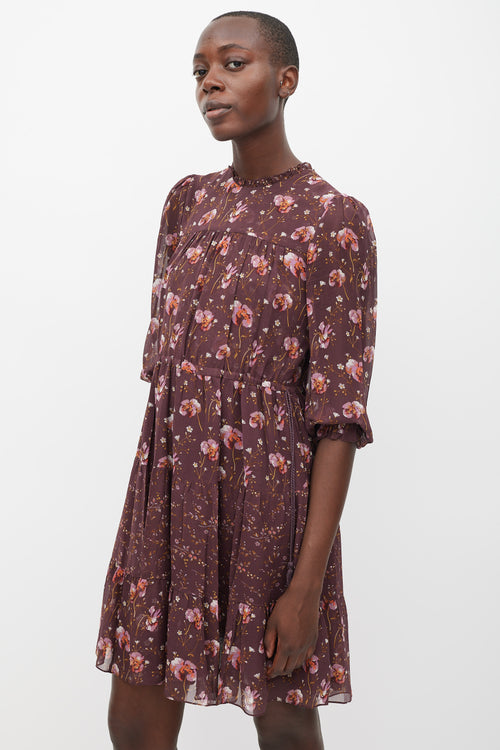 Ulla Johnson Burgundy & Multicolur Silk Floral Tiered Dress