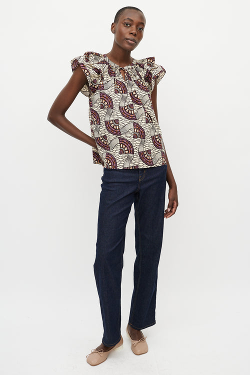 Ulla Johnson Cream & Purple Printed Crewneck Blouse
