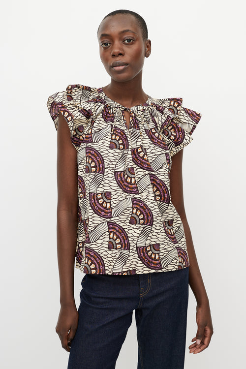 Ulla Johnson Cream & Purple Printed Crewneck Blouse