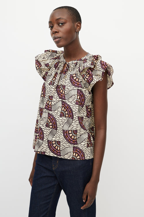Ulla Johnson Cream & Purple Printed Crewneck Blouse