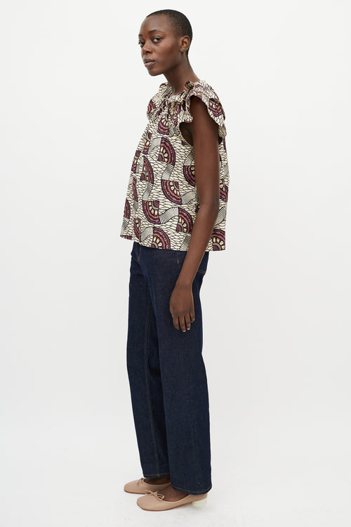 Ulla Johnson Cream & Purple Printed Crewneck Blouse