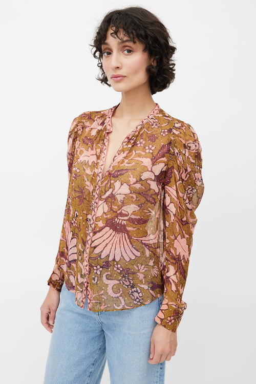 Ulla Johnson Green & Multicolour Floral Metallic Top