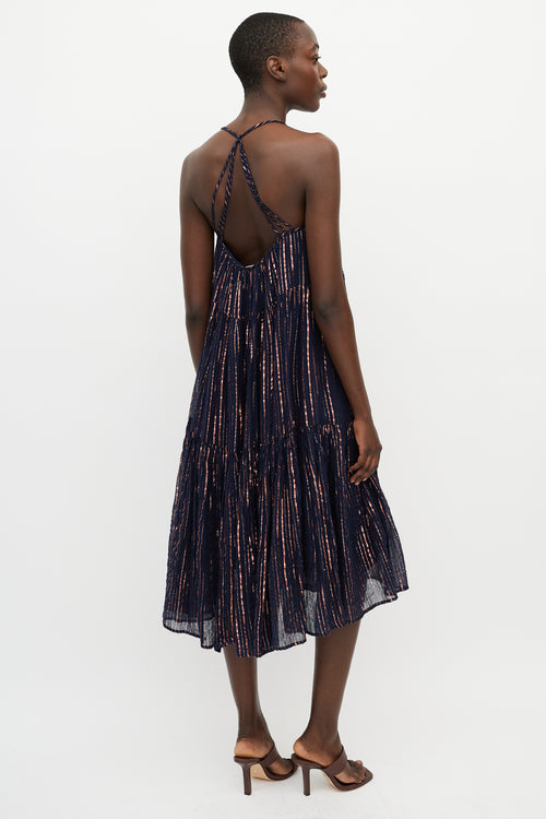 Ulla Johnson Navy & Pink Metallic Stripe Midi Dress