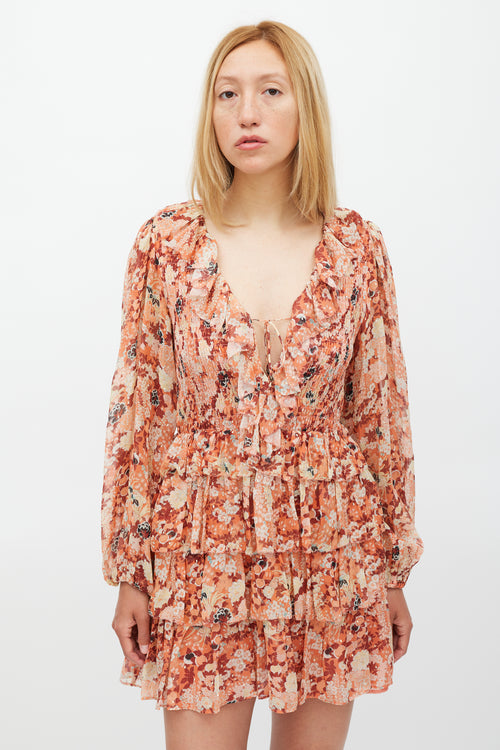 Ulla Johnson Orange & Multicolour Floral Ruffle Tier Dress