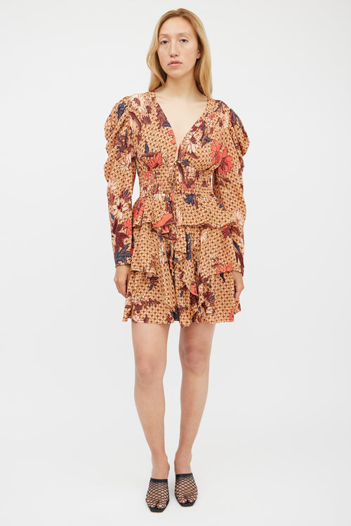 Ulla Johnson Orange & Red Silk Floral Ruffled Dress