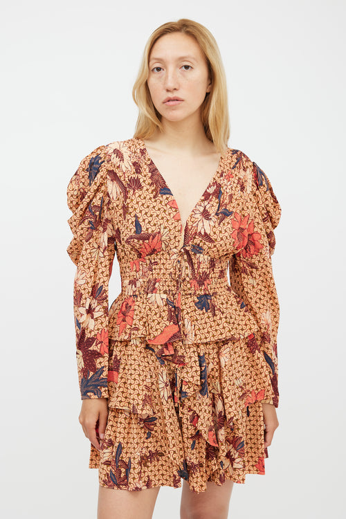 Ulla Johnson Orange & Red Silk Floral Ruffled Dress