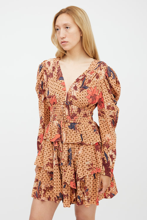 Ulla Johnson Orange & Red Silk Floral Ruffled Dress