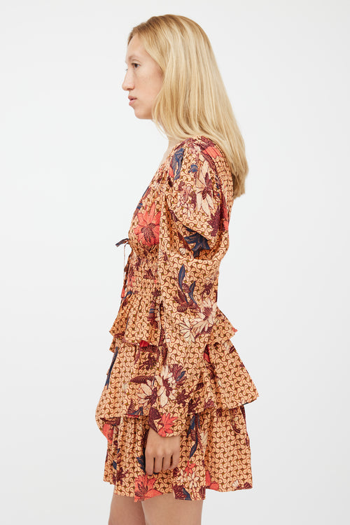 Ulla Johnson Orange & Red Silk Floral Ruffled Dress