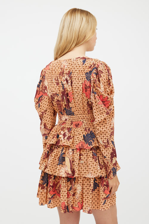 Ulla Johnson Orange & Red Silk Floral Ruffled Dress