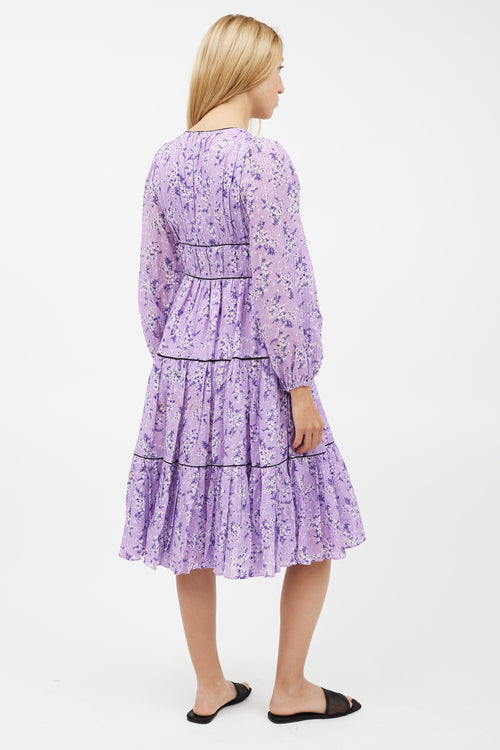 Ulla Johnson Purple & White Floral Ruffled Dress