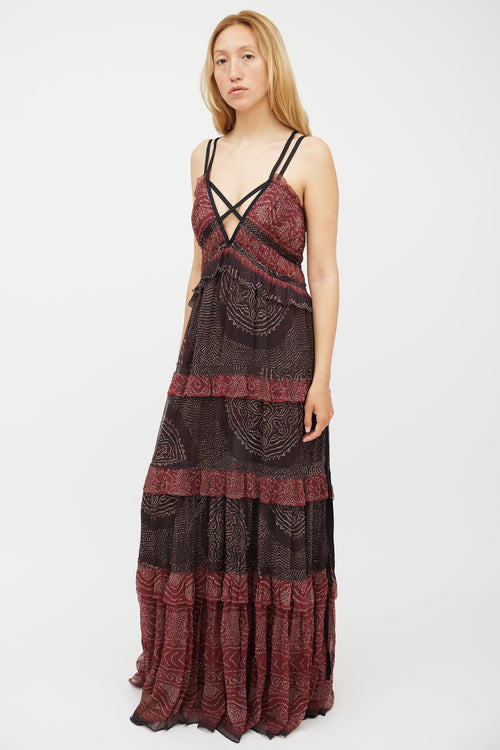 Ulla Johnson Red & Black Silk Ruffled Tiered Dress