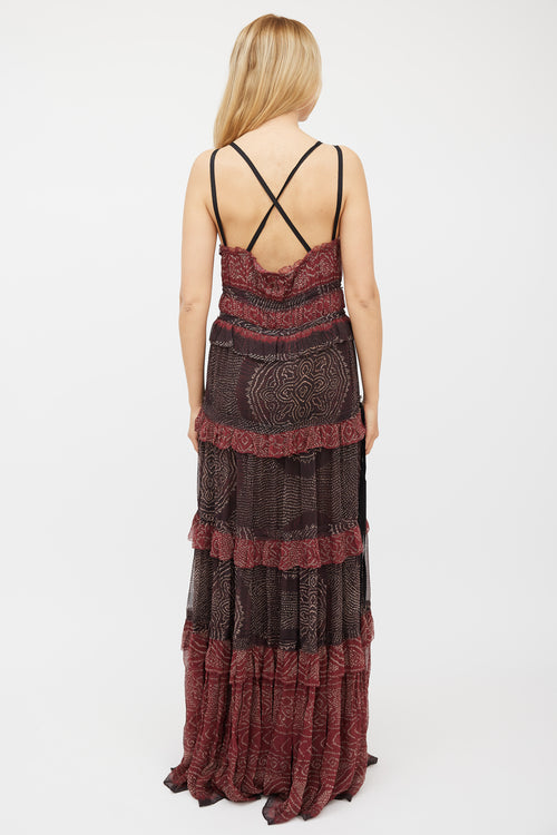 Ulla Johnson Red & Black Silk Ruffled Tiered Dress