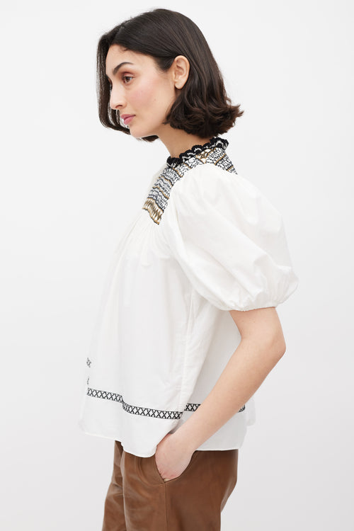Ulla Johnson White & Multicolour Embroidered Smocked Top