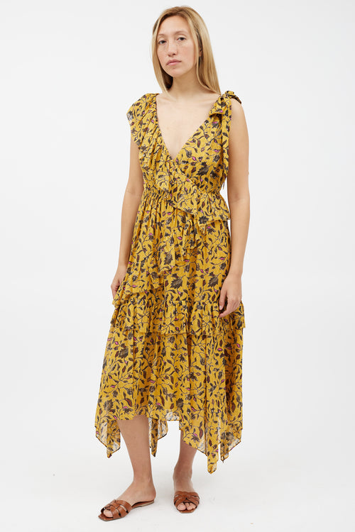 Ulla Johnson Yellow & Black Floral Ruffled Dress