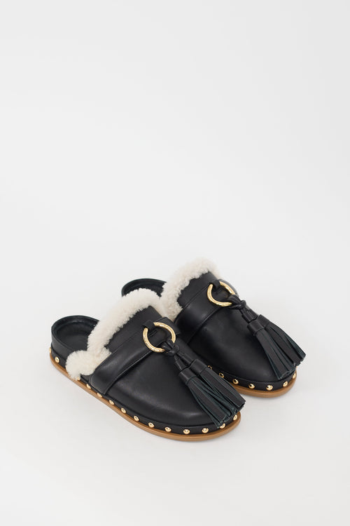 Ulla Johnson Black Leather & Shearling Ruby Mule