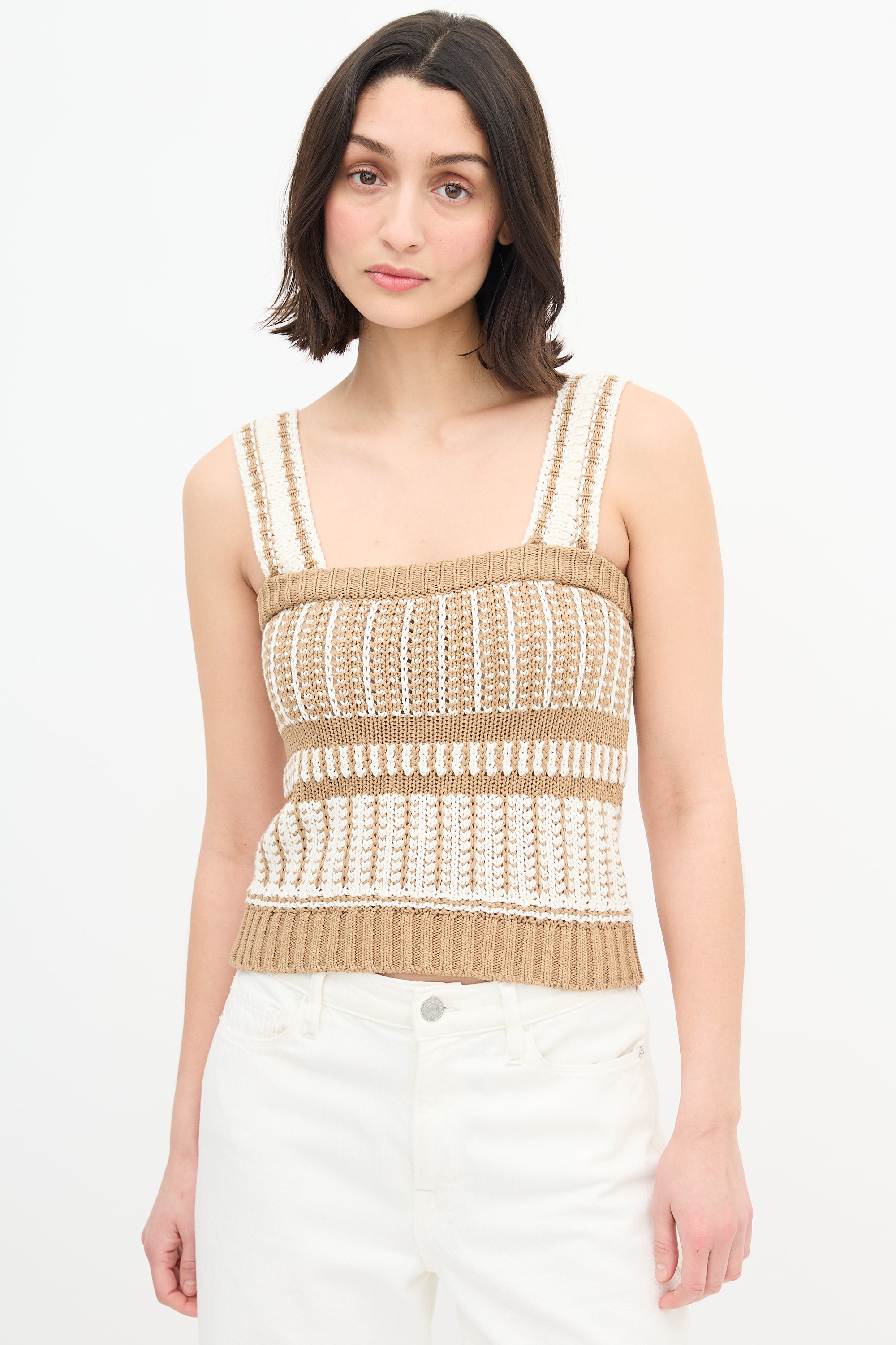 Veronica Beard White & Brown Striped Knit Top