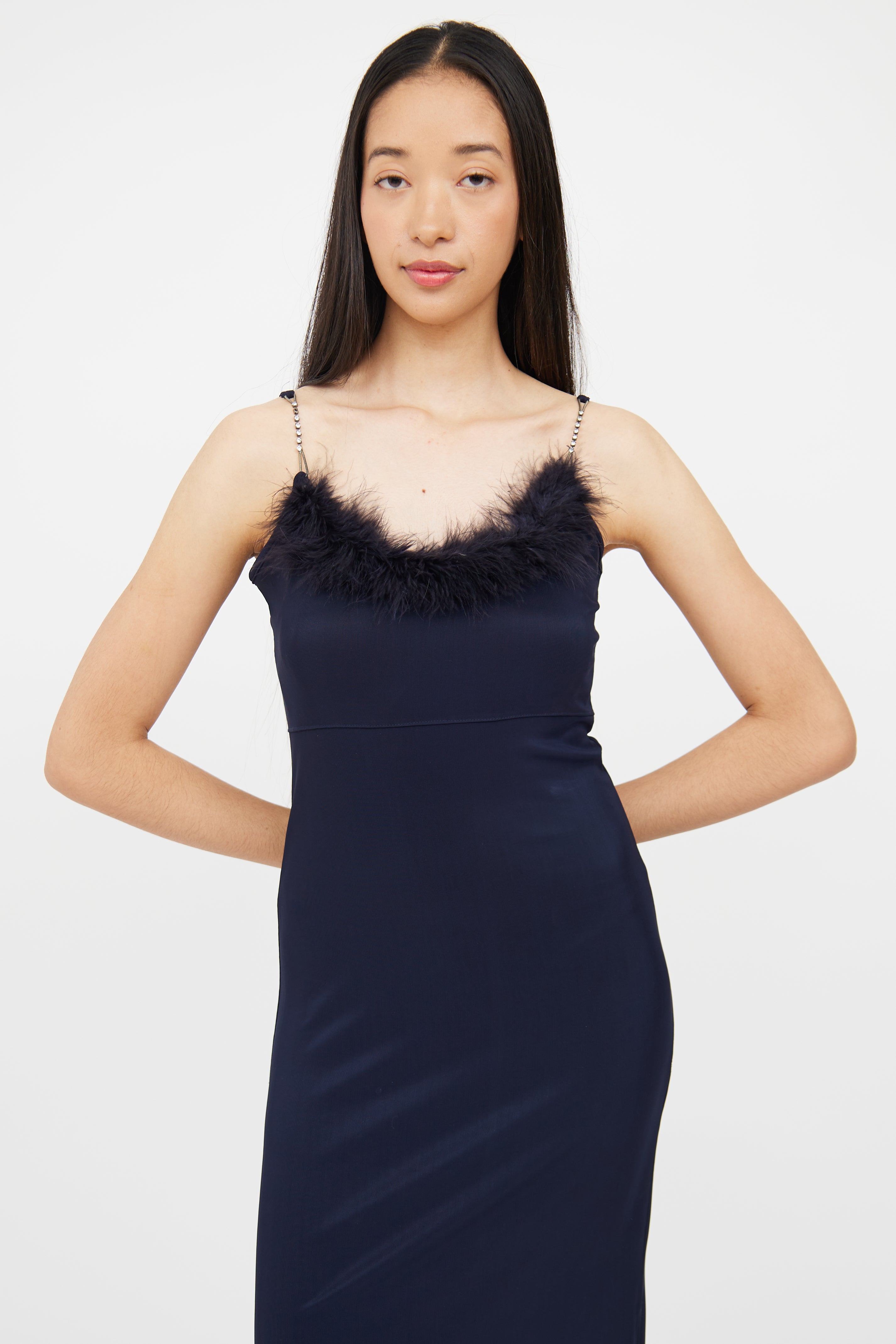 Esther Navy Feather Jewel Strap Gown