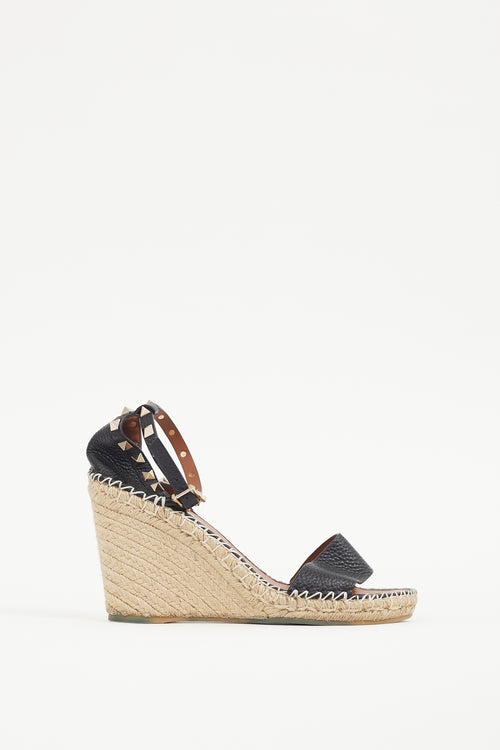 Valentino Black & Gold Leather Rockstud Espadrille Sandal