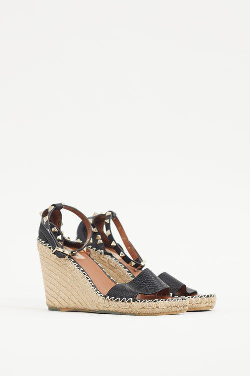 Valentino Black & Gold Leather Rockstud Espadrille Sandal