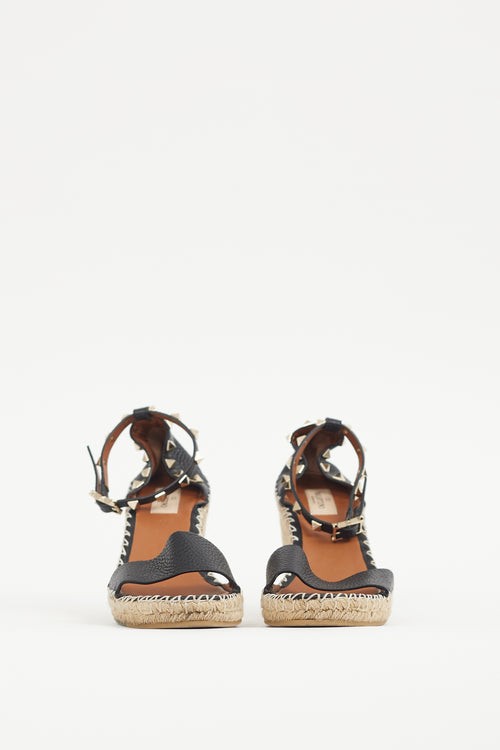 Valentino Black & Gold Leather Rockstud Espadrille Sandal