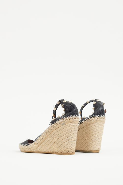 Valentino Black & Gold Leather Rockstud Espadrille Sandal