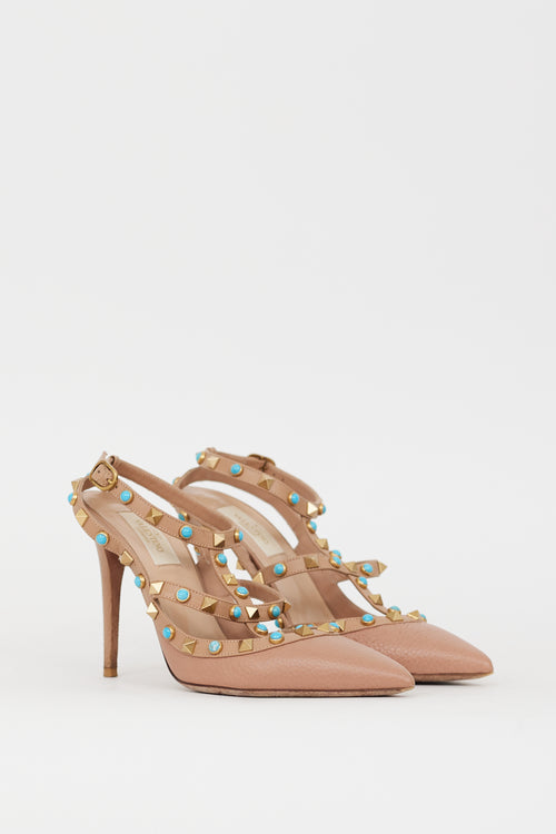 Valentino Beige & Blue Rolling Rockstud Caged Heel
