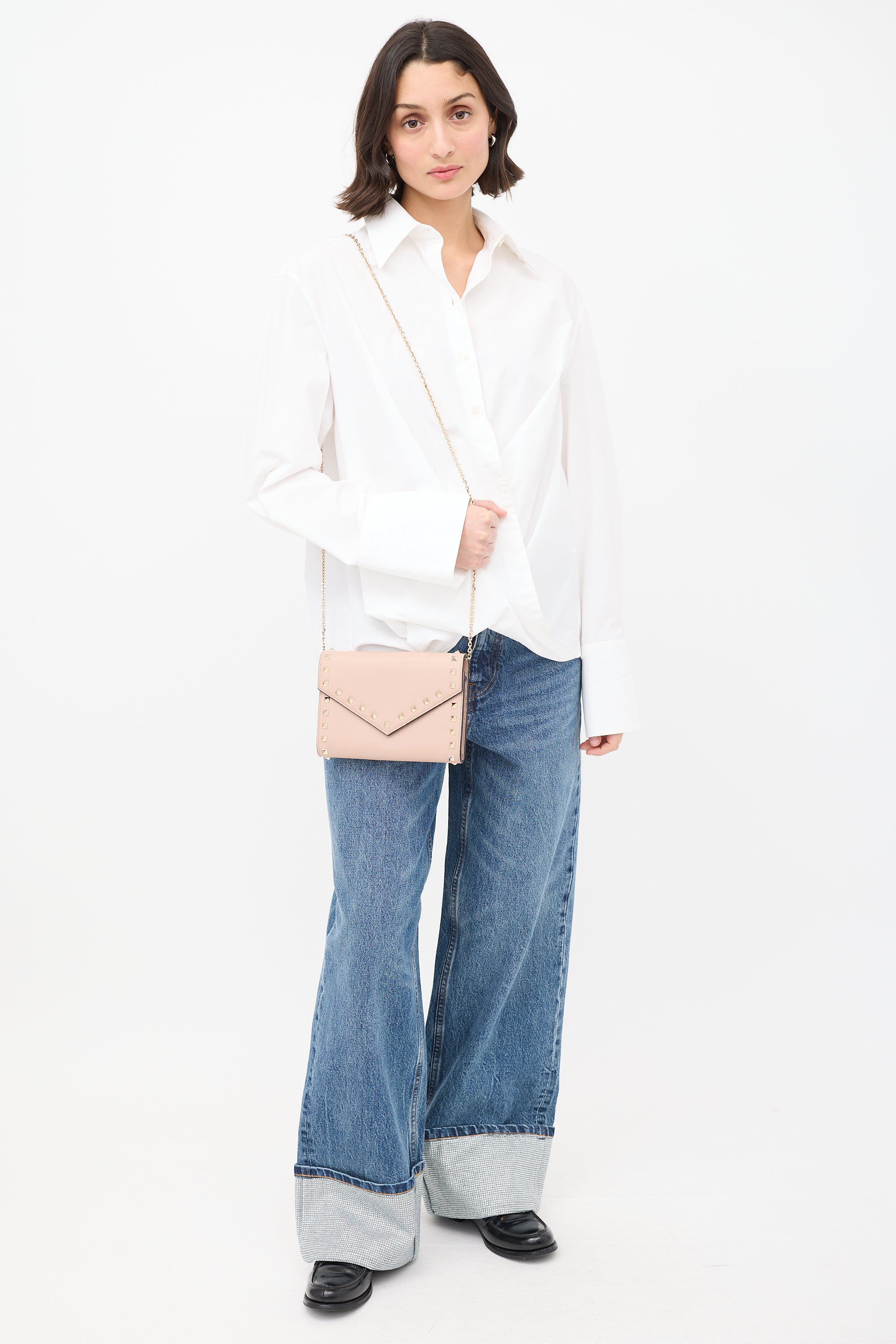 Valentino Beige Leather Rockstud Envelope Wallet On Chain Bag