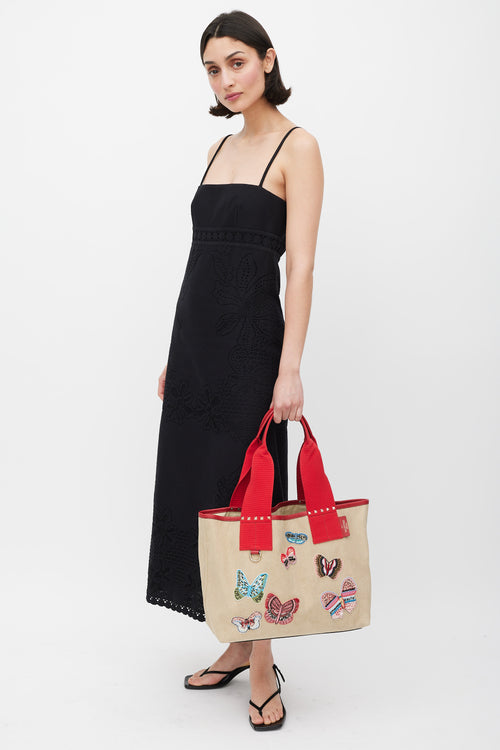 Valentino Beige Red & Multicolour Canvas Embellished Tote Bag